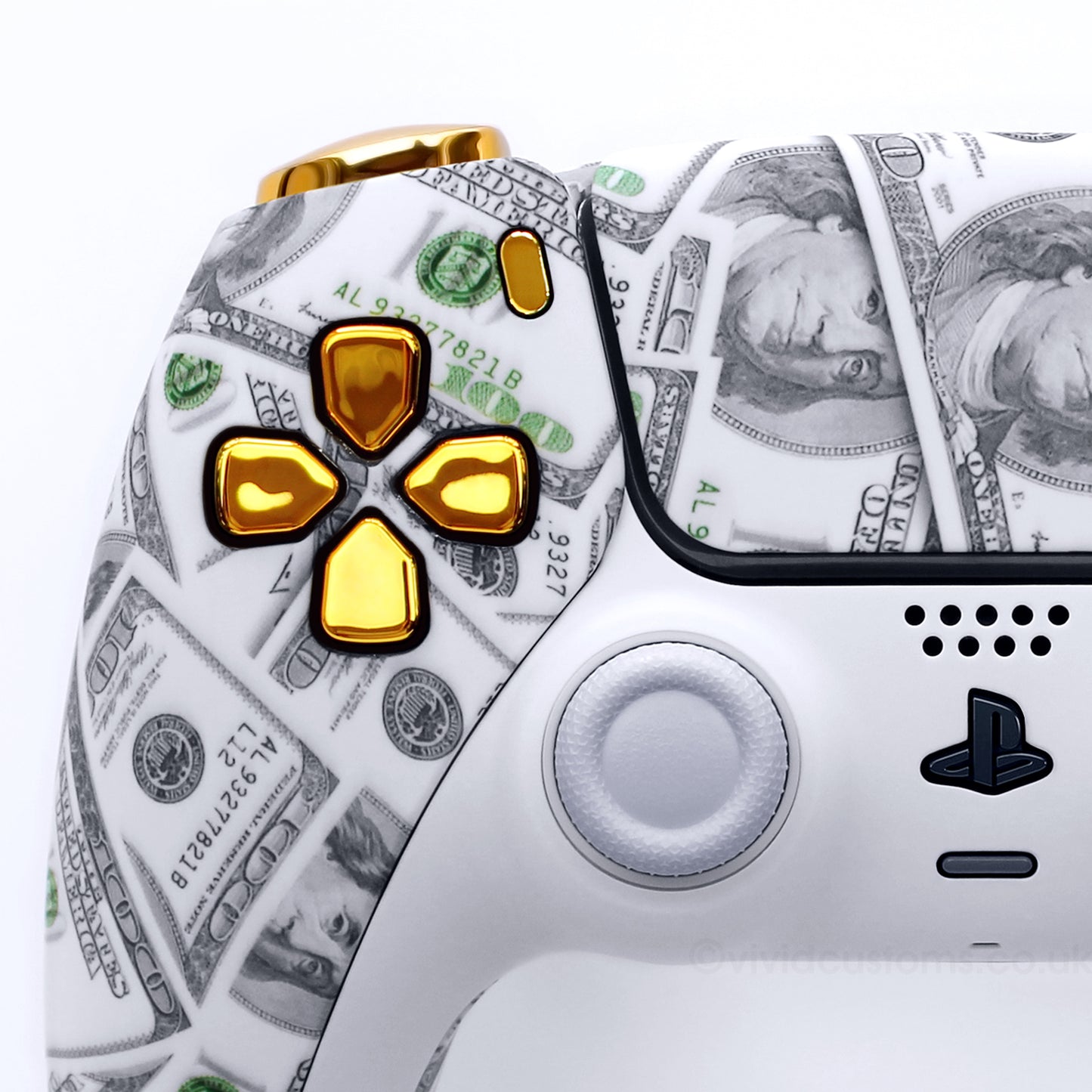 Custom Cash Money PS5 Controller with Gold Bullet Design. Left Side.