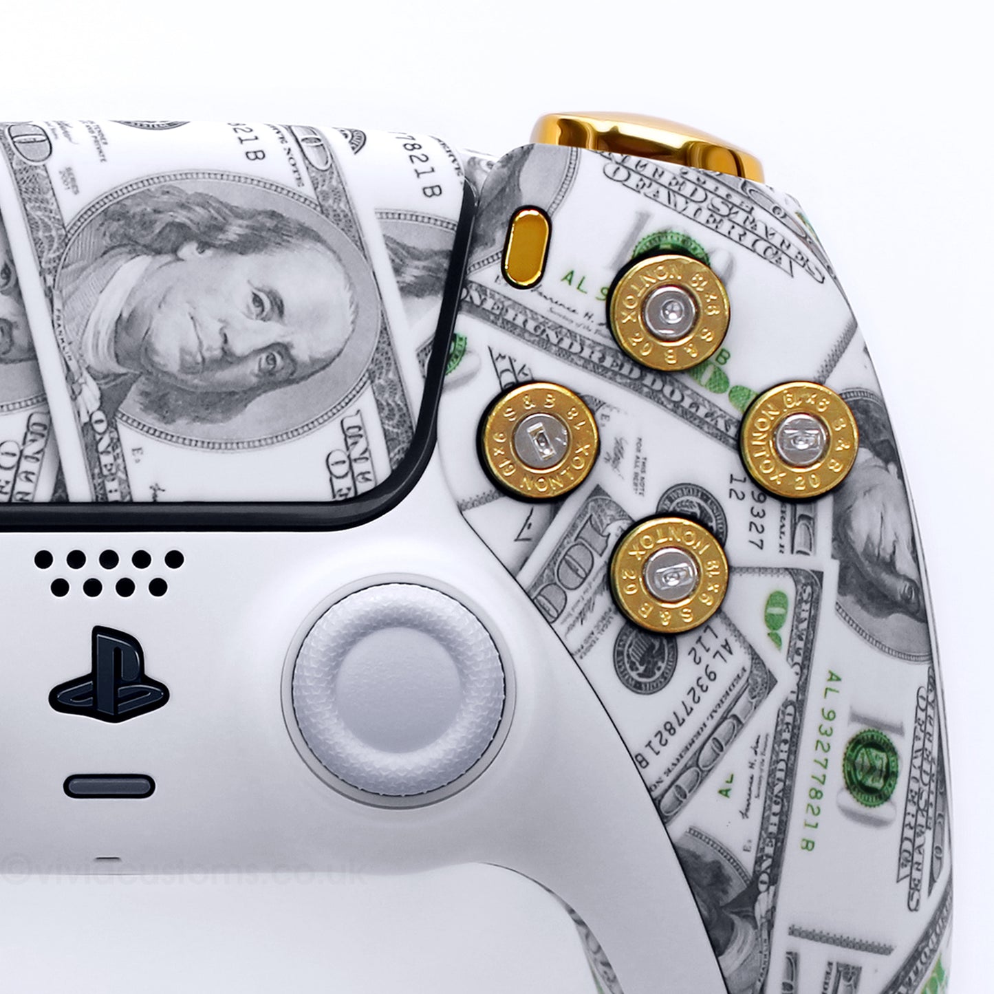 Custom Cash Money PS5 Controller with Gold Bullet Design. Right Side.