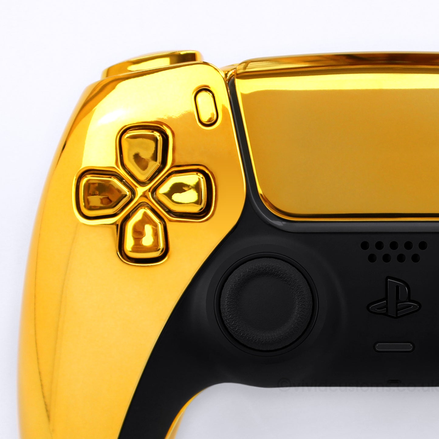 Custom Gold Bullet PS5 Controller with Chrome Design. Left Side.