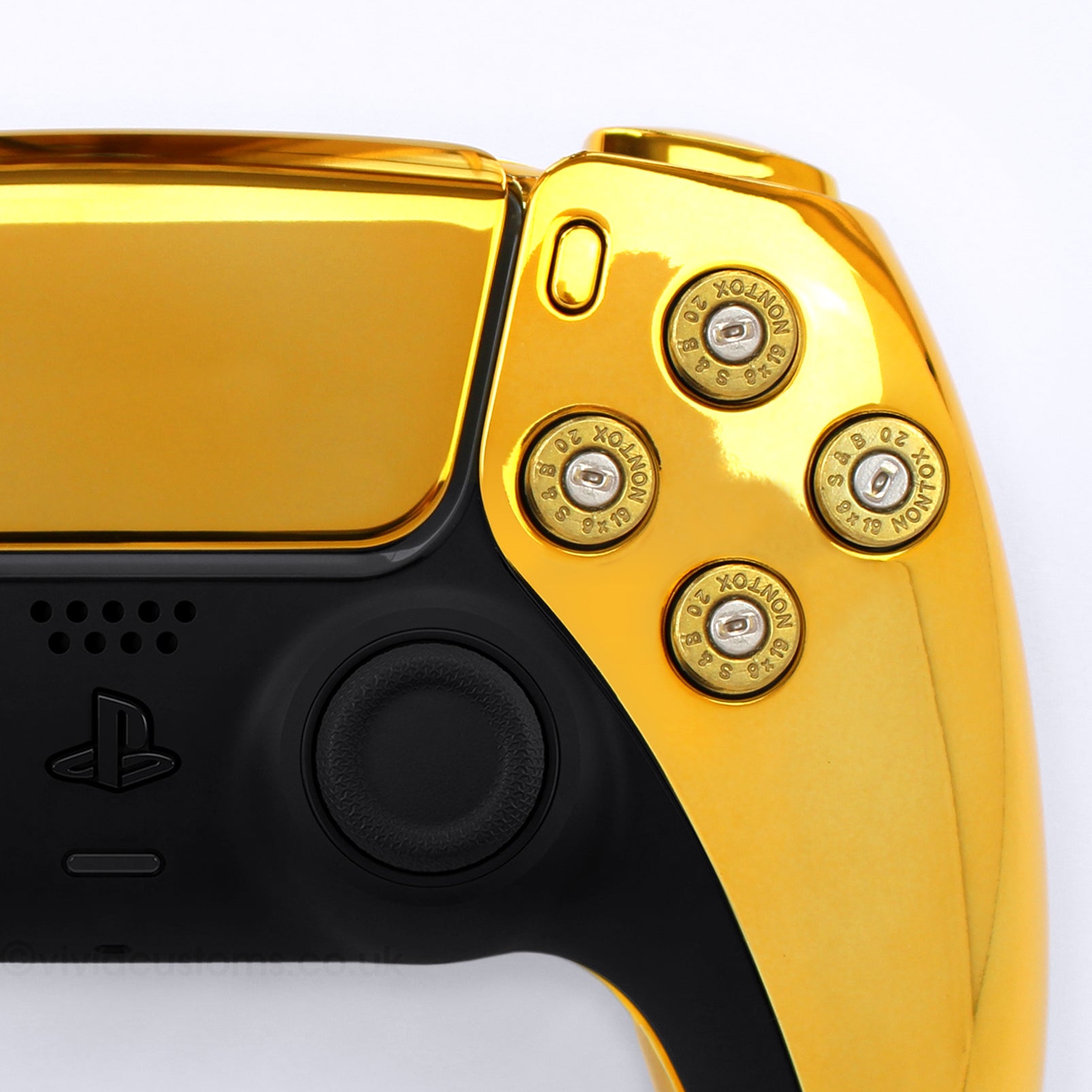Custom Gold Bullet PS5 Controller with Chrome Design. Right Side.