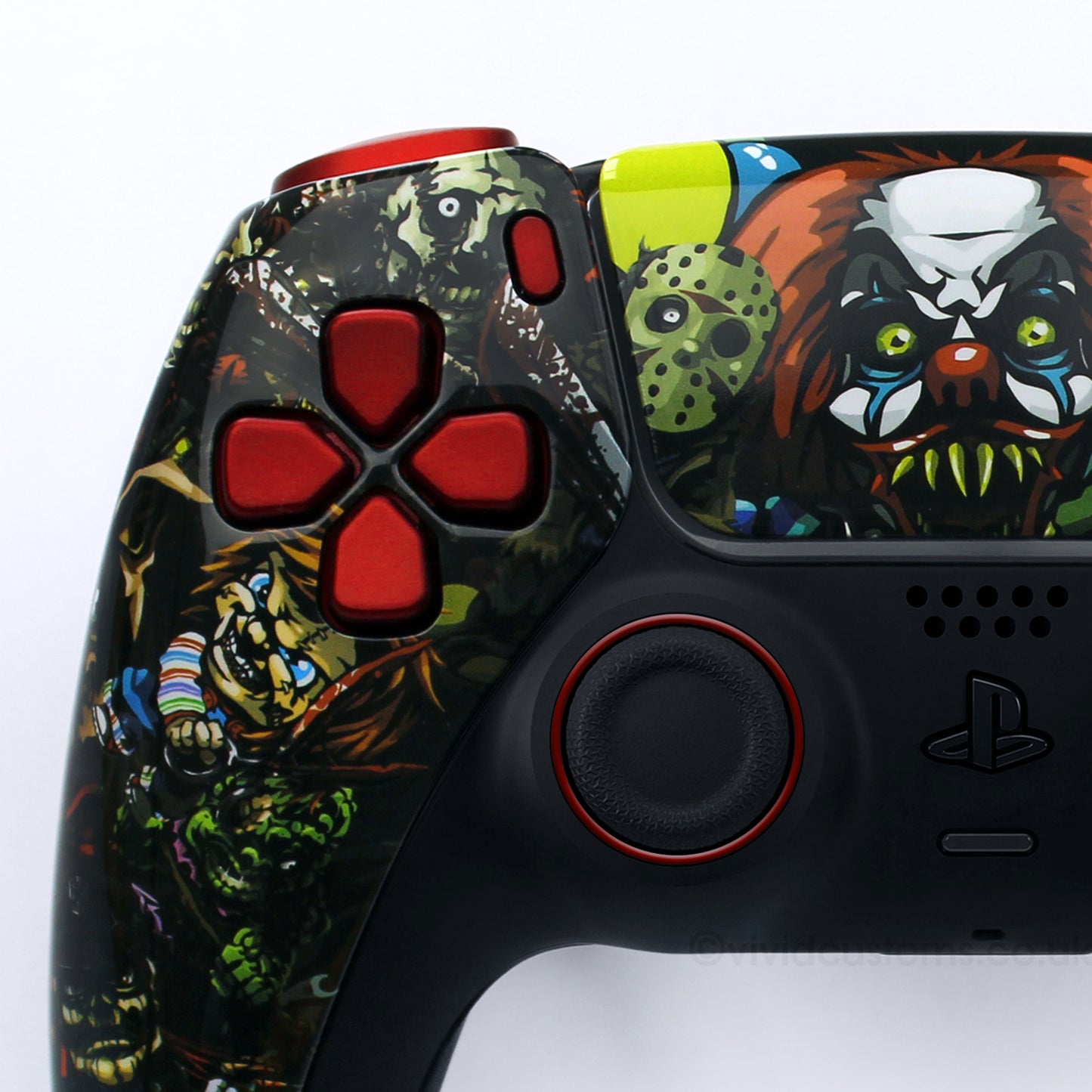 Custom Halloween PS5 Controller with Vampire Red Horror Design. Left Side.