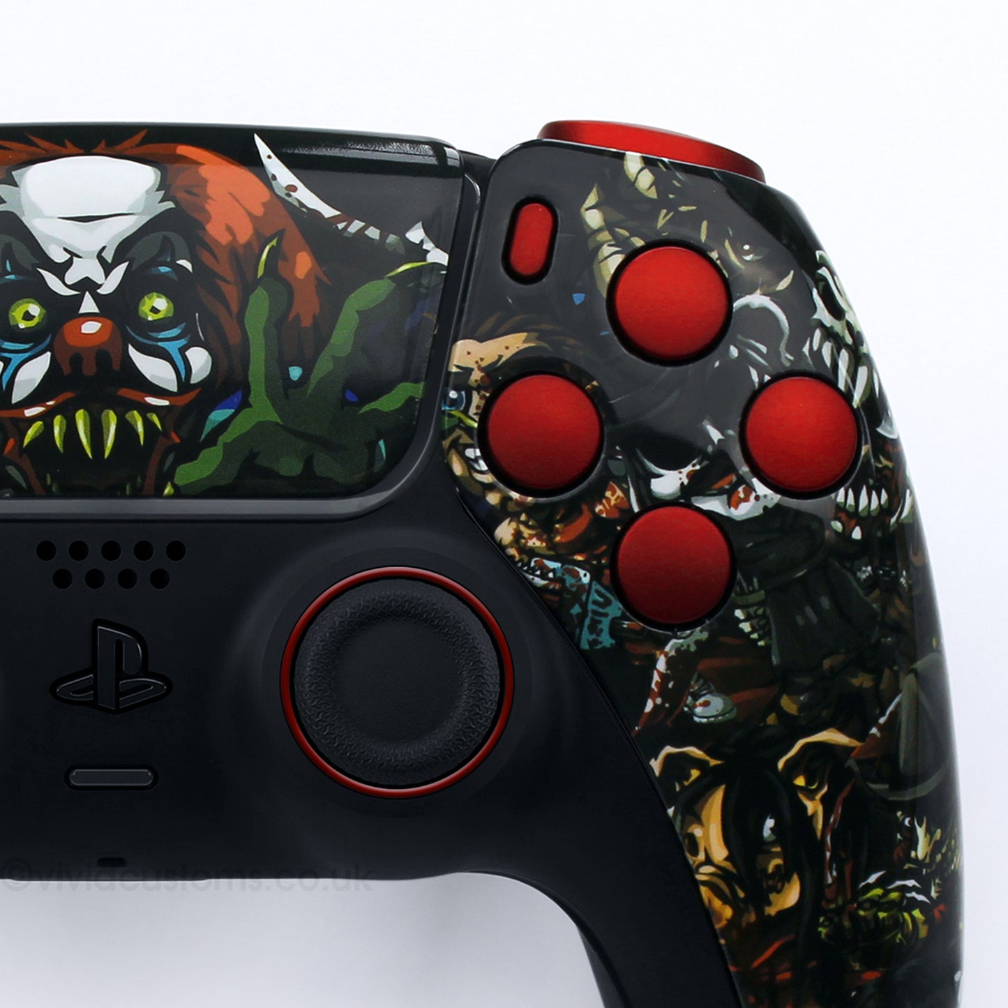 Custom Halloween PS5 Controller with Vampire Red Horror Design. Right Side.