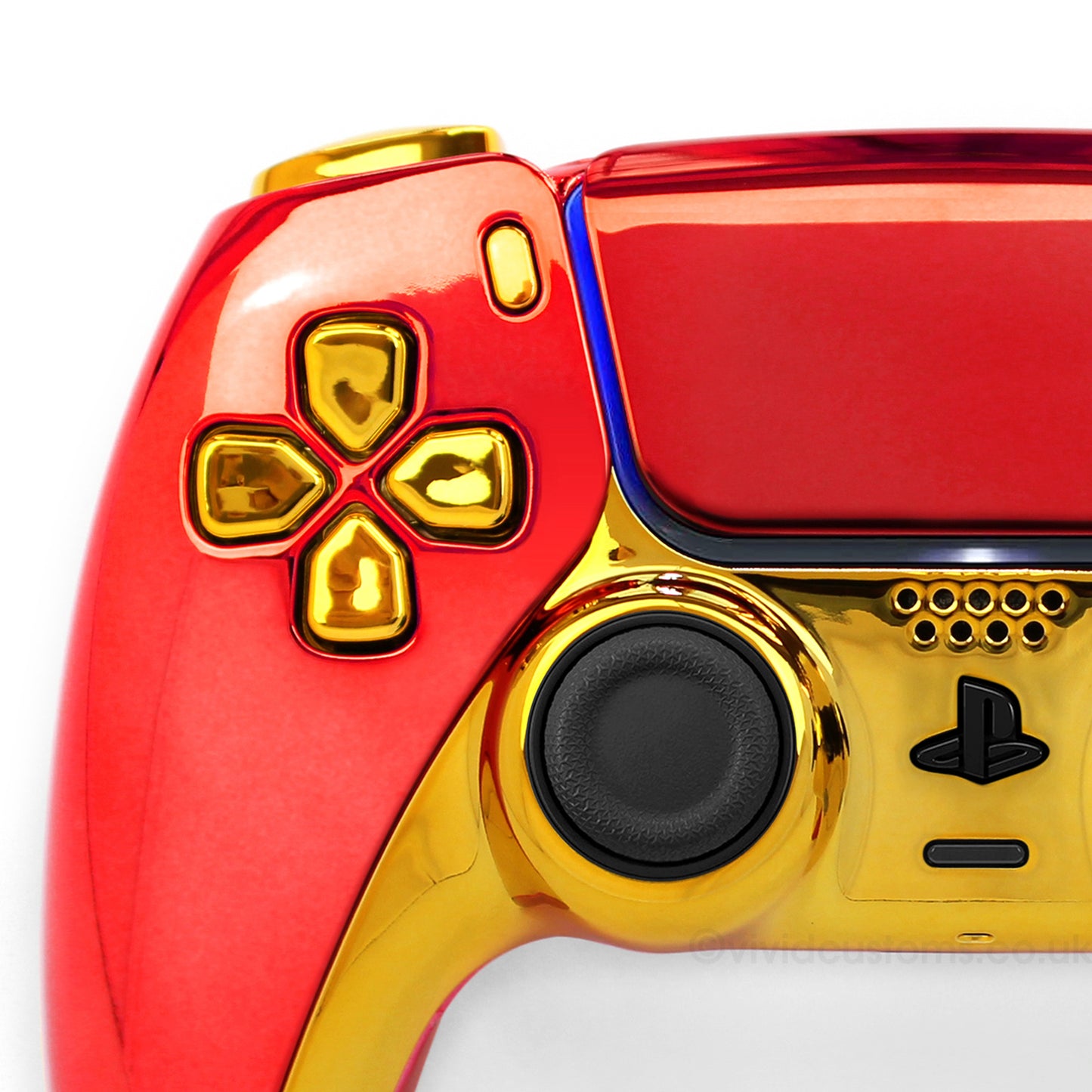 Custom Iron Man PS5 Controller with Red & Gold Chrome Design. Left Side.
