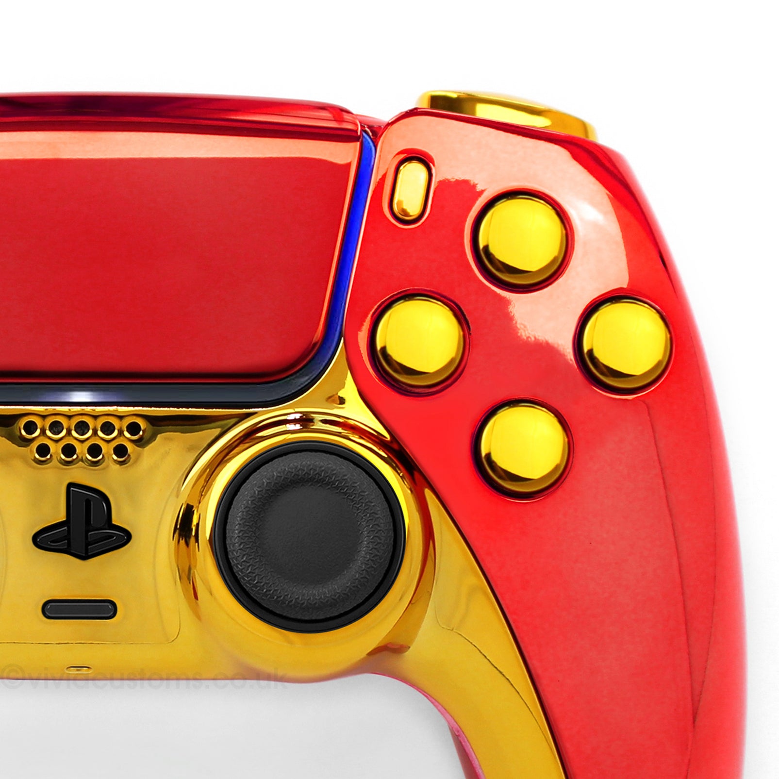Custom Iron Man PS5 Controller with Red & Gold Chrome Design. Right Side.