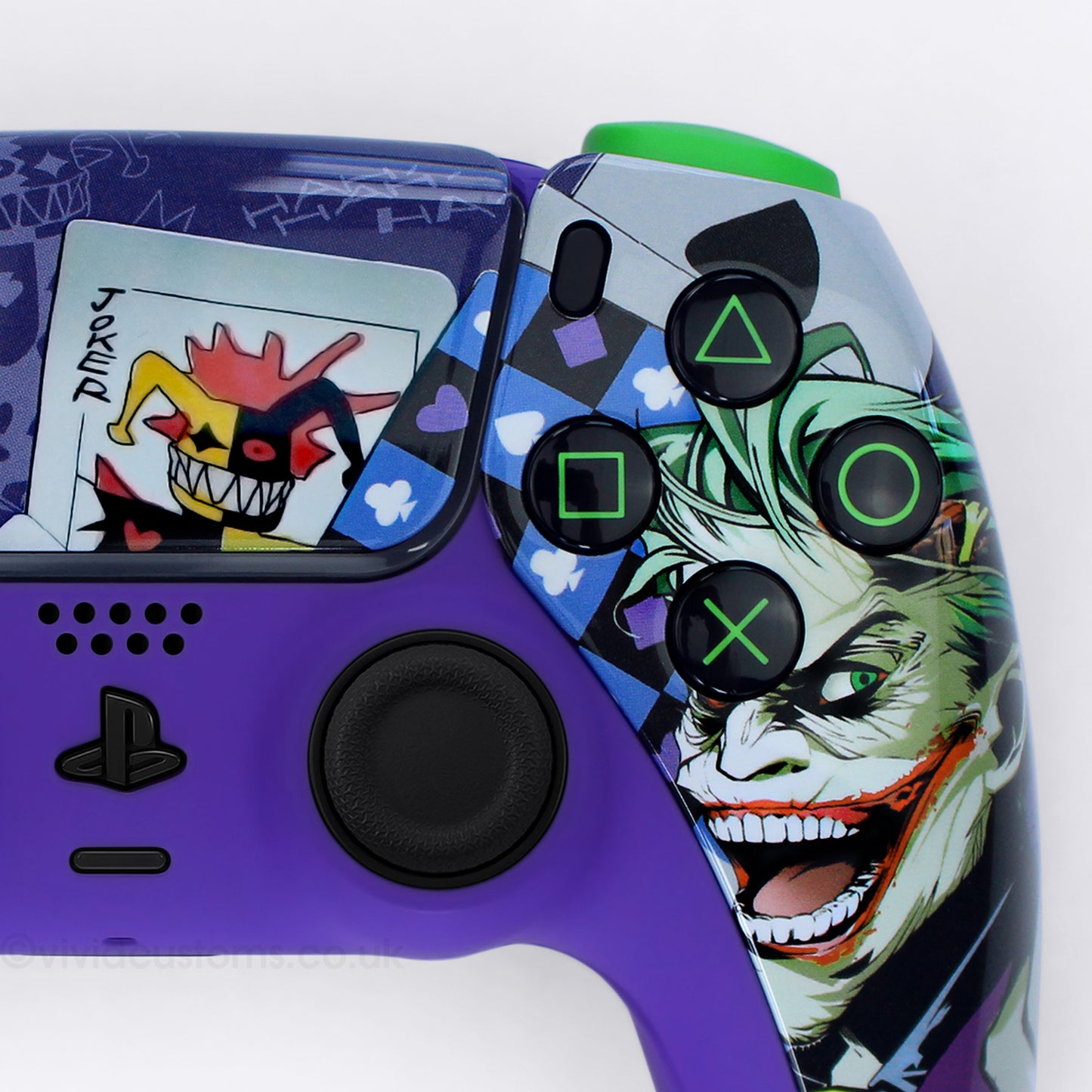 Custom Joker PS5 Controller with Purple & Green Design. Right Side.