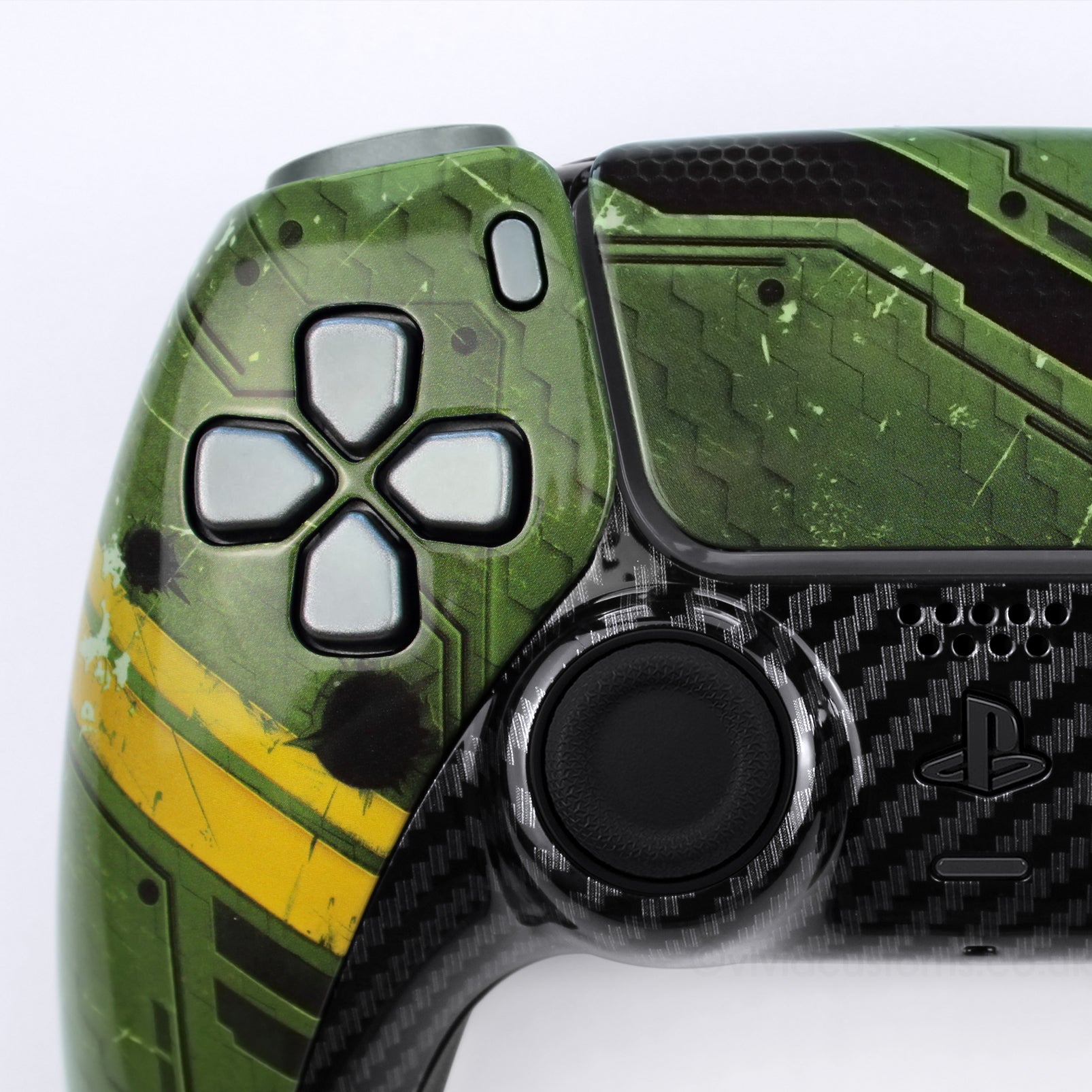 Custom Call of Duty PS5 Controller with Green Juggernaut Design. Left Side.