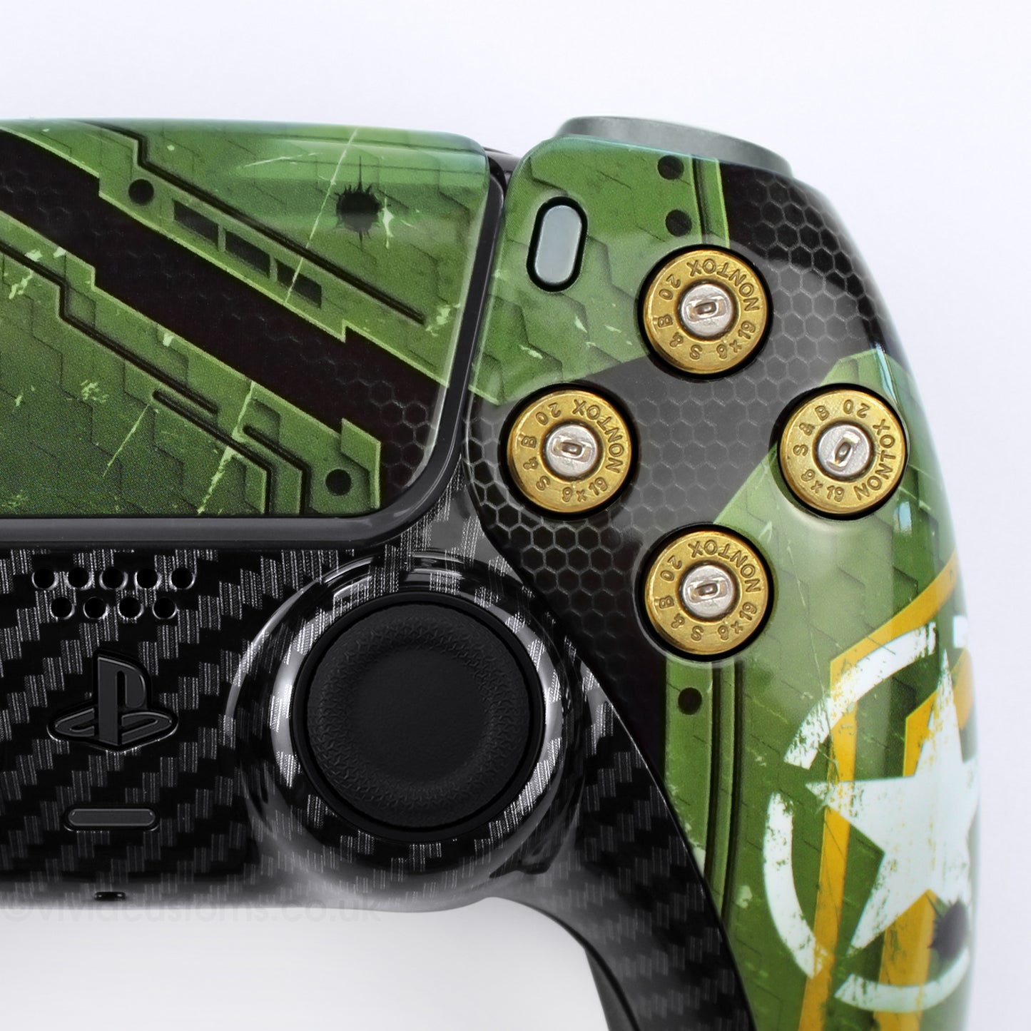 Custom Call of Duty PS5 Controller with Green Juggernaut Design. Right Side.