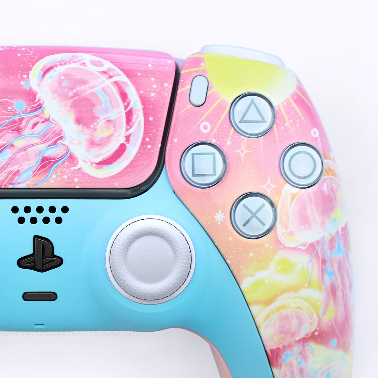 Custom Kawaii PS5 Controller with Pink Jellyfish Design. Right Side.