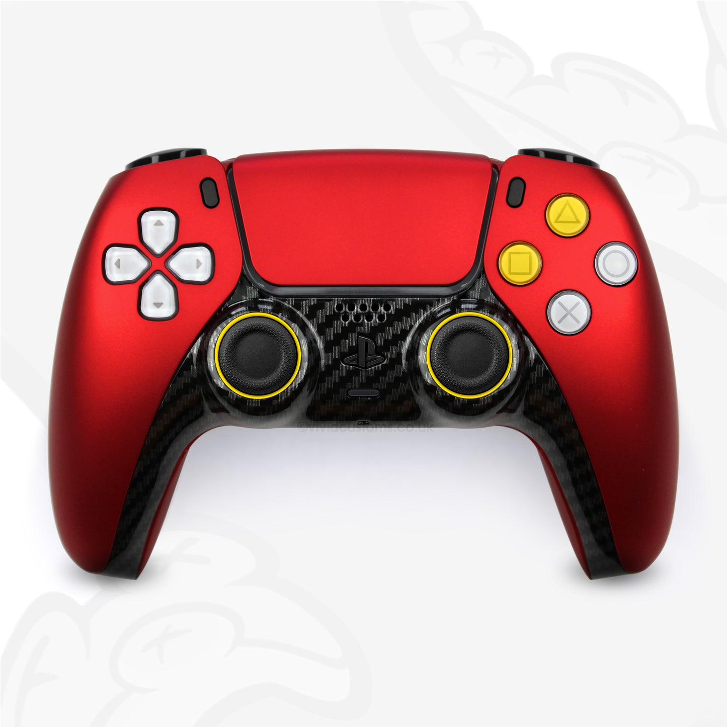 Custom Red Ferrari PS5 Controller in a Formula 1 Racing Car Design. Has Black Carbon Fiber Trim and Yellow Detailing.