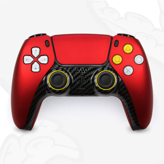 Custom Red Ferrari PS5 Controller in a Formula 1 Racing Car Design. Has Black Carbon Fiber Trim and Yellow Detailing.