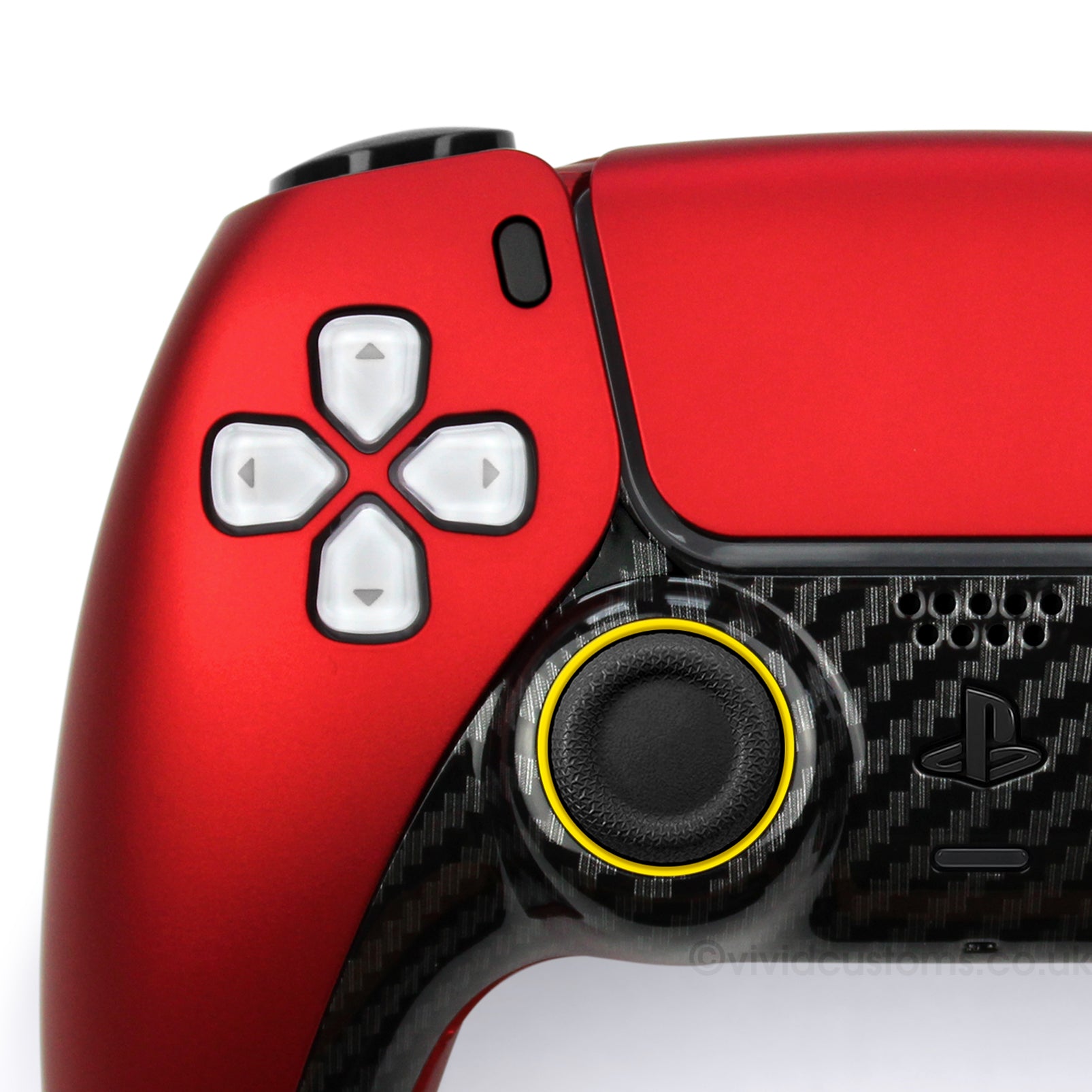 Custom Red Ferrari PS5 Controller in a Formula 1 Racing Car Design. Has Black Carbon Fiber Trim and Yellow Detailing. Left Side, Close-up.