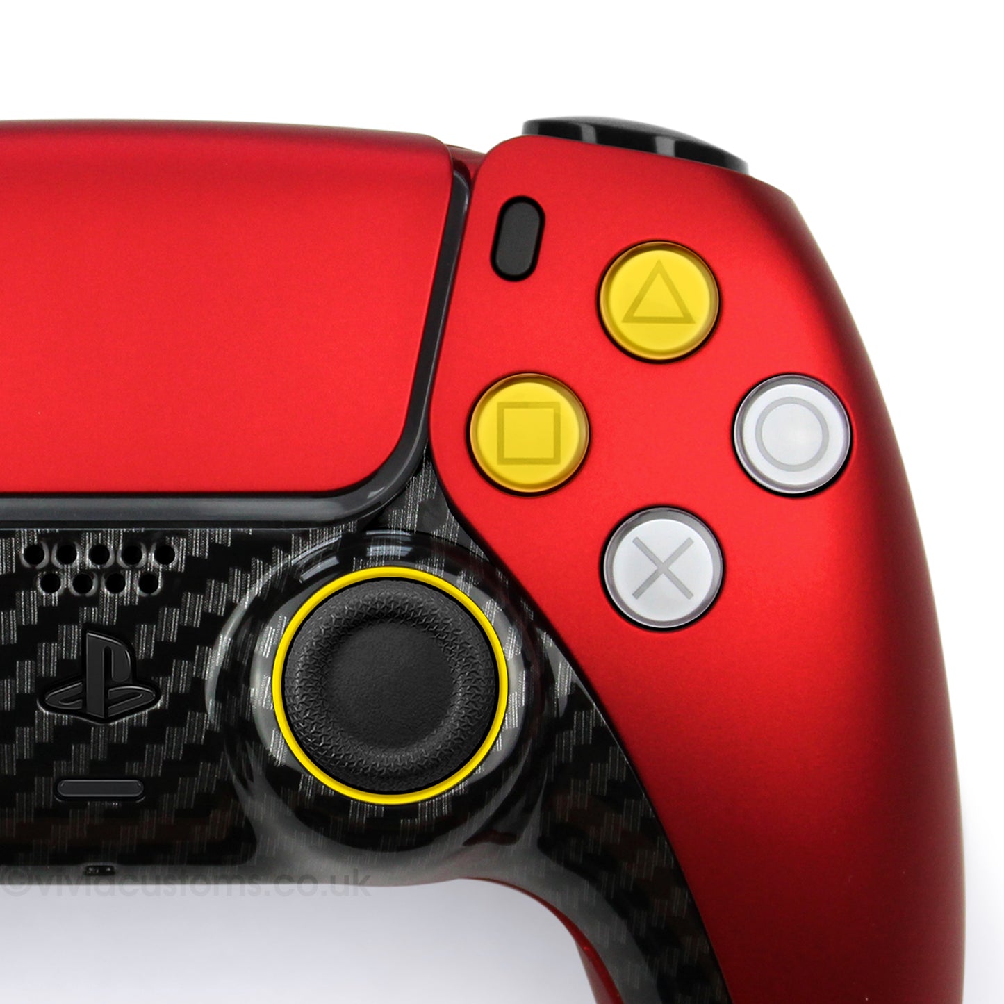 Custom Red Ferrari PS5 Controller in a Formula 1 Racing Car Design. Has Black Carbon Fiber Trim and Yellow Detailing. Right Side, Close-up.