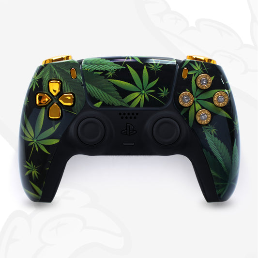 Custom Weed Cartel PS5 Controller with Marijuana Gold Bullet Design