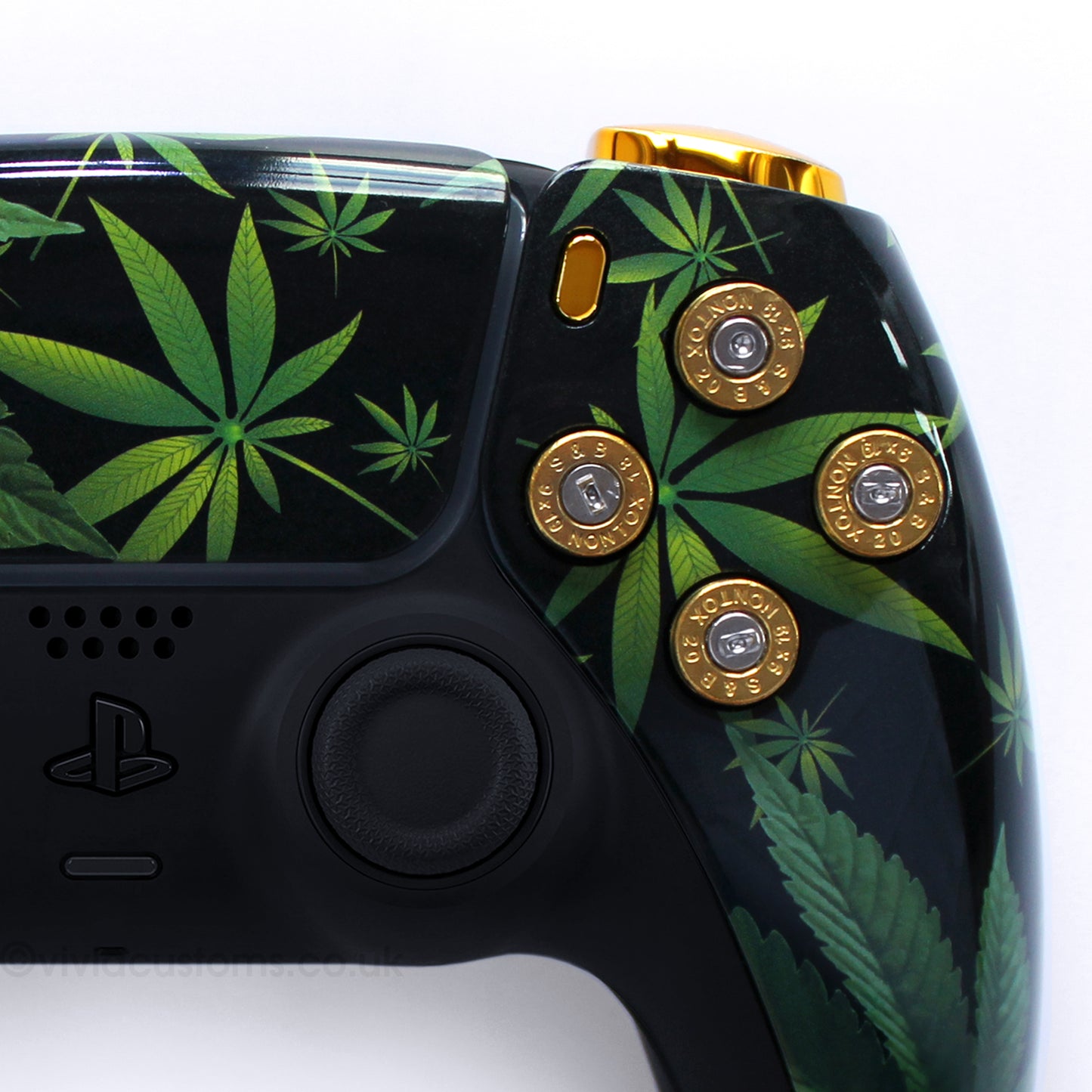 Custom Weed Cartel PS5 Controller with Marijuana Gold Bullet Design. Right Side.