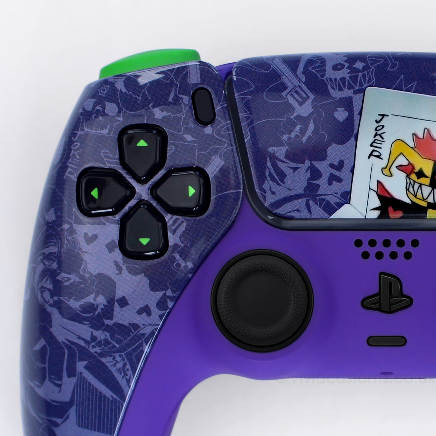 Custom Joker PS5 Controller with Purple & Green Design. Left Side.