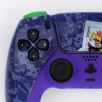 Custom Joker PS5 Controller with Purple & Green Design. Left Side.