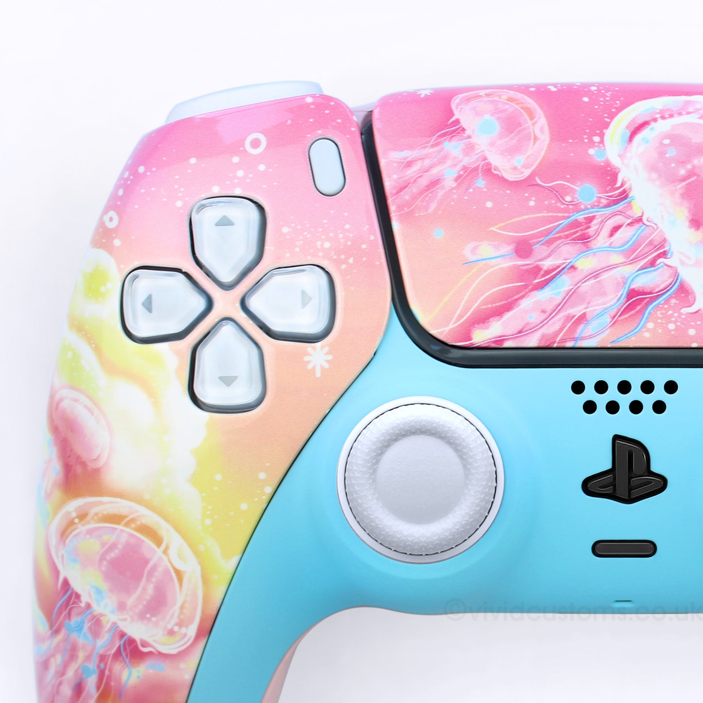 Custom Kawaii PS5 Controller with Pink Jellyfish Design. Left Side.
