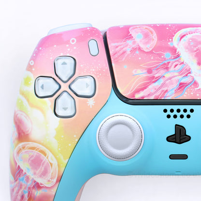 Custom Kawaii PS5 Controller with Pink Jellyfish Design. Left Side.