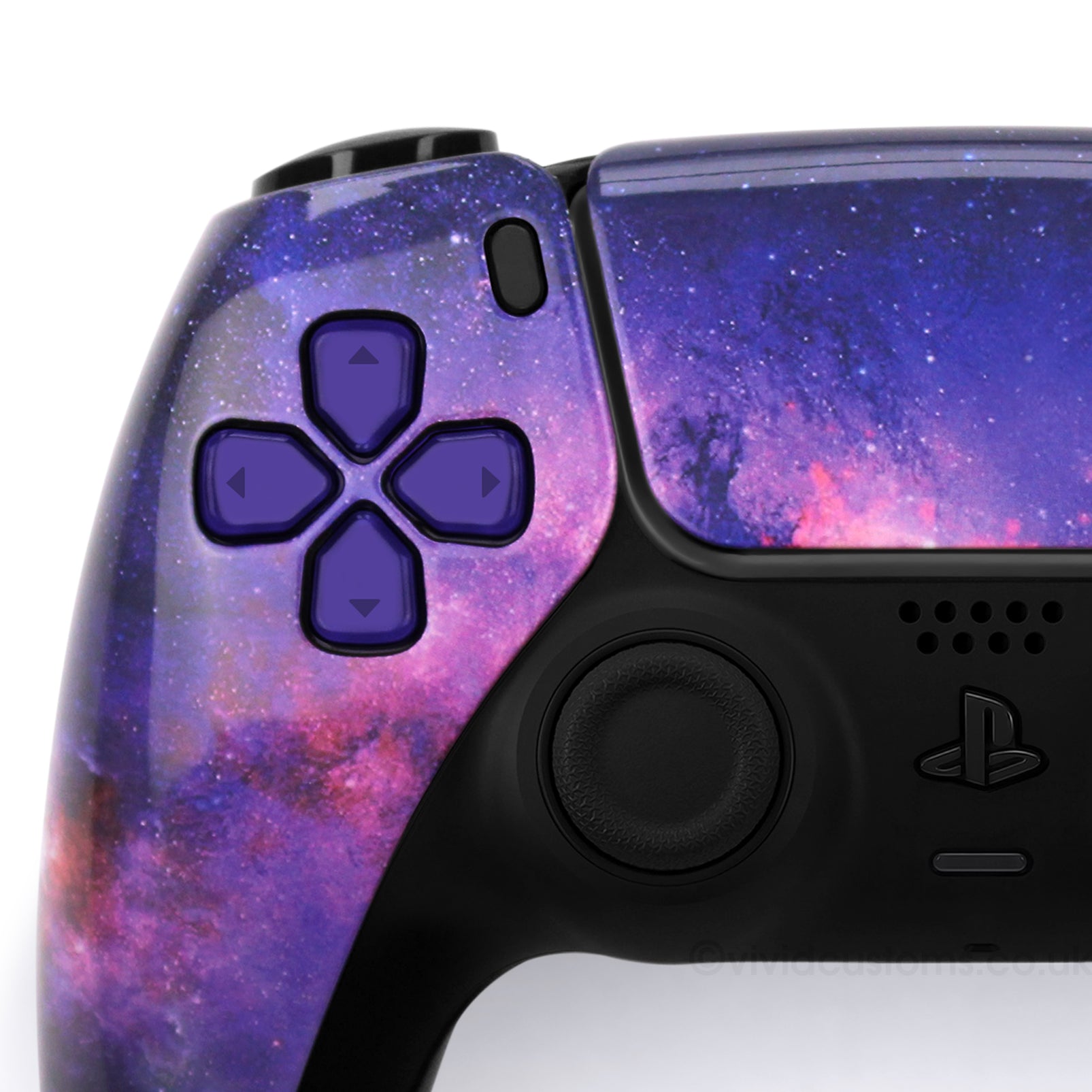 Custom Nebula PS5 Controller with Purple Galaxy Design. Left Side.
