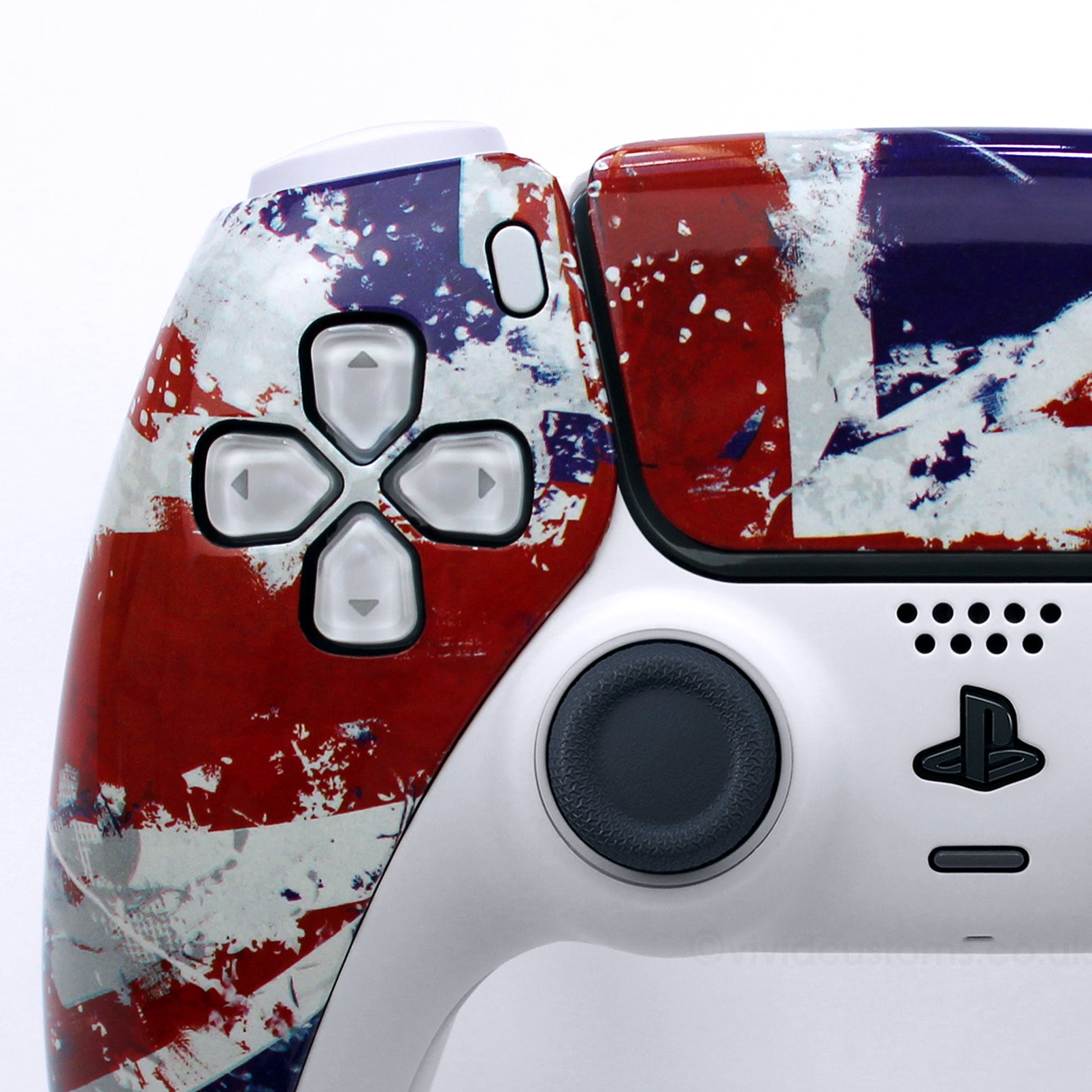 Custom Union Jack PS5 Controller with UK Flag Design. Left Side.