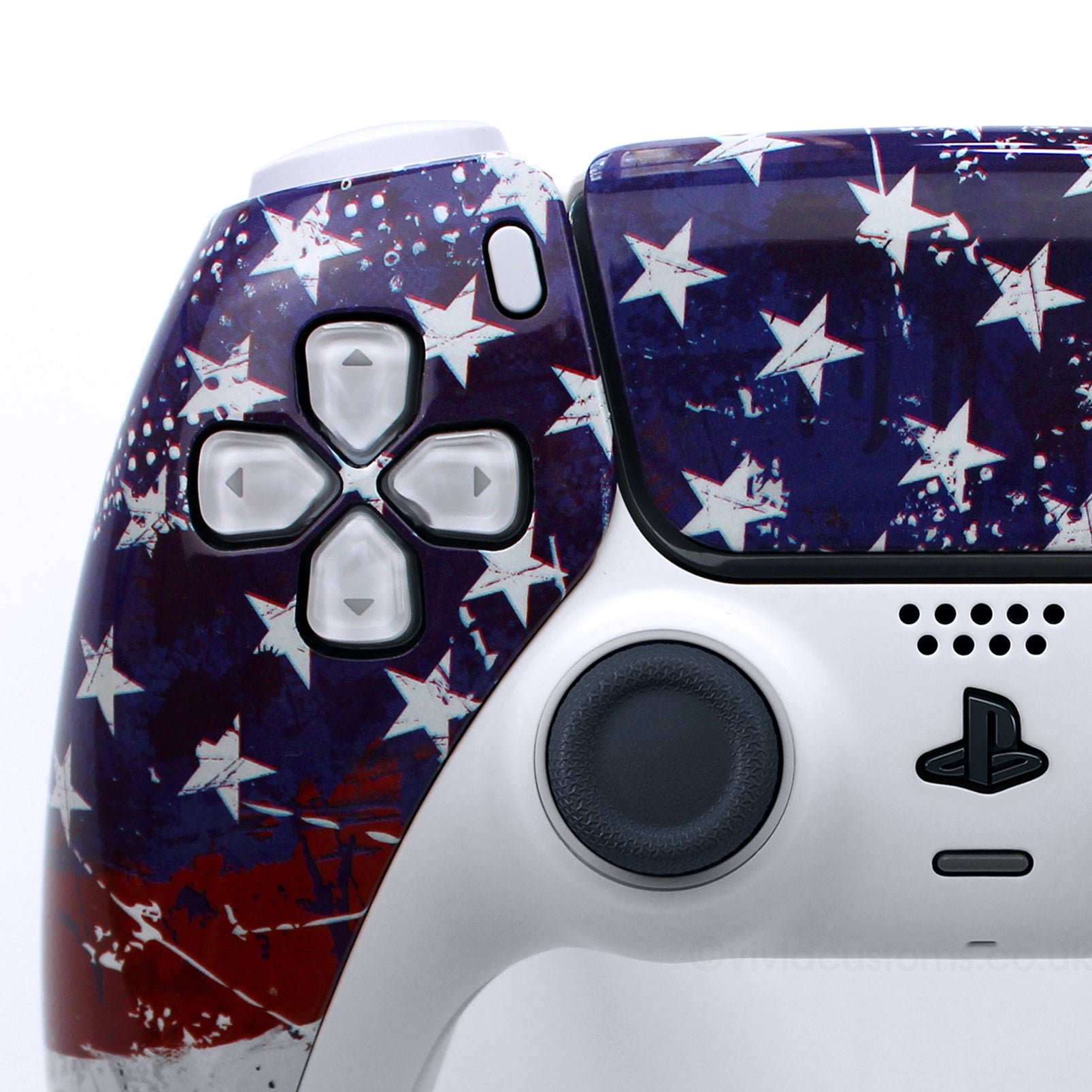 Custom Patriot PS5 Controller with USA Flag Design. Left Side.